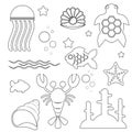Image with a black stroke of marine inhabitants and objects of the marine world isolated on a white background. Vector illustratio Royalty Free Stock Photo